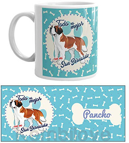 Kembilove Taza de Café de Perro San Bernardo Personalizada con Foto – Taza de Desayuno Razas de Perro – Taza de Café y Té Mascota – Taza de Cerámica Impresa – Tazas de Perro San Bernardo