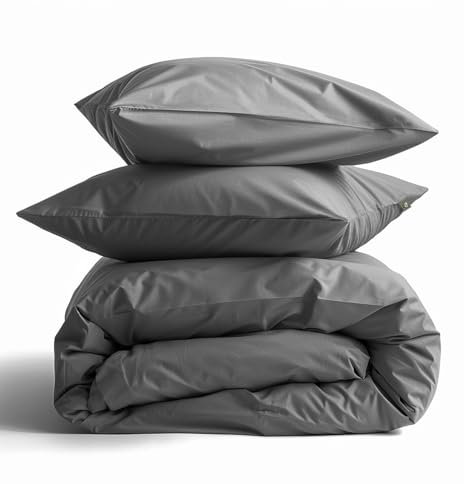 SALAD HOUSE Satin Bettwäsche 200x200 Grau 3teilig Baumwolle- Grau, Allergiker geeignet, Bettwäsche-Sets mit Reißverschlüsse, Duvet Cover Set, Deckenbezug, Bettbezug + 2er Kissenbezüge 80x80