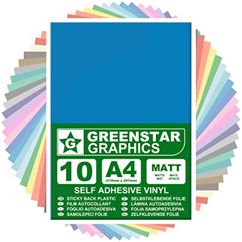 GREENSTAR GRAPHICS A4 VINYLFOLIE SELBSTKLEBENDEFOLIE (10 BLÄTTER) Bastelfolie, Plotterfolie, Dekorfolie, Kunsthandwerk, Hobbys und Aufkleber, Kompatibel mit Schneideplotter (BLAU MATT A4)