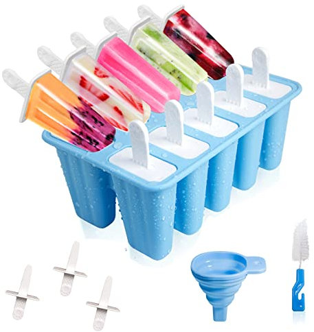 Eisformen, Eisformen Eis am Stiel, 10 Hohlräume + 13 Stiele, Silikon Eisformen für Stieleis, DIY Kreative Eisform mit Silikontrichter und Reinigungsbürste, BPA-frei (Blau)
