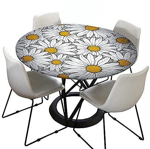 Chickwin-Shop Tischdecke Abwaschbar Rund 90cm, Elastisch Lotuseffekt Outdoor 3D-Druck Daisy Table Cloth für Garten Restaurant, Ideal für 70cm-80cm