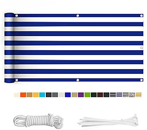 HERILIOS Balkon Sichtschutz,Balkonabdeckung 220 g/m² Innen Balkonverkleidung UV-Schutz(210 Größen & 21 Farben) mit Ösen Kabelbinder und Kordel für Terrassee,50X500CM Blau-weiß gestreift