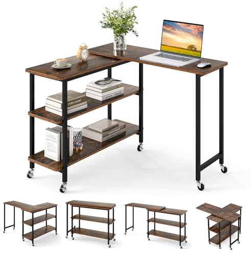 COSTWAY Corner Computer Desk, 360° Rotating Sofa Side Table Writing Desk with 2-Tier Storage Shelves, L-Shaped PC Laptop Workstation Couch Snack Table for Home Office (Rustic Brown, 139 x 30 x 69cm)