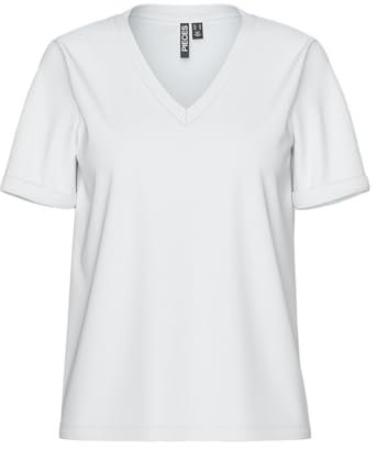 PIECES Pcria SS-Camiseta de Manga Corta con Cuello de Pico, Blanco Brillante, S para Mujer