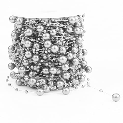 60m Perlengirlande Perlenband Perlenkette Perlenschnur Geschenkband Dekoband mit Perlen für DIY Basteln Party Tischdeko Hochzeit Braut Haarschmuck Ohrringe Halskette Brautstrauß Weihnachten,Grau