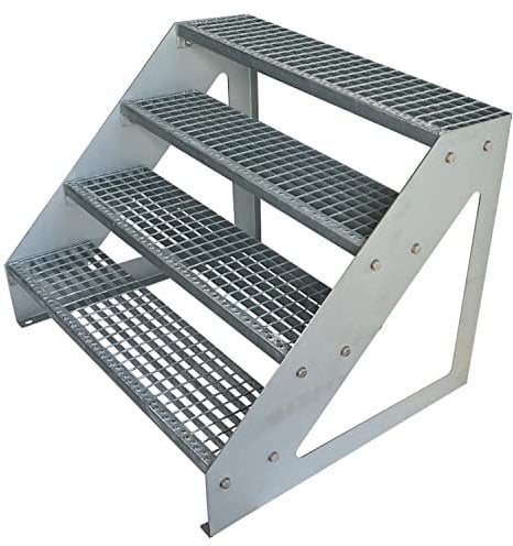 Premium Caillebotis acier Escalier à limon 4 Marches Autoportant Entièrement galvanisé - Dimensions (L x l x H) 82cm x 60cm x 76cm Résistant aux intempéries et protégé contre la corrosion