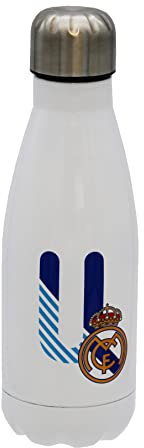 Real Madrid - Botella Agua de Acero Inoxidable, Cierre Hermético, con Diseño Letra U en Azul, 550 ml, Color Blanco, Producto Oficial