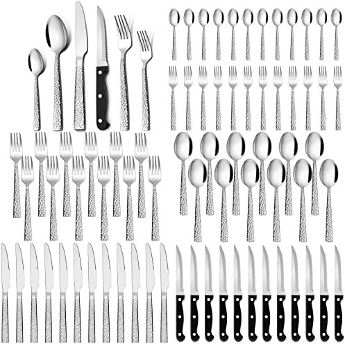 Homikit Besteck Set 12 Personen, 72-teilig Besteckset mit Steakmesser, Edelstahl Poliet Essbesteck mit Löffel Messer Gabel, Gehämmertes Tafelbesteck, Gesund & Spülmaschinenfest