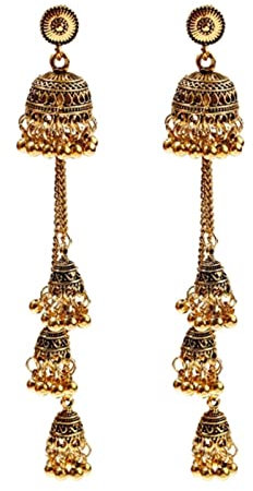 DAOMEI Ethnisches Gold Afghanische Lange Quasten-Korn-Tropfen-Ohrringe Bollywood-schmuck Glocke Jhumka Indische Ohrringe Hochzeitsschmuck