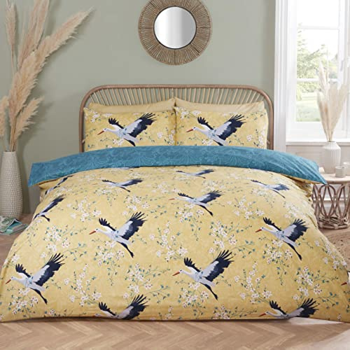 Rapport Home Crane Birds Single Bedding: Luxurious Reversible Microfibre Duvet Cover Set in Ochre with 180 Threadcount