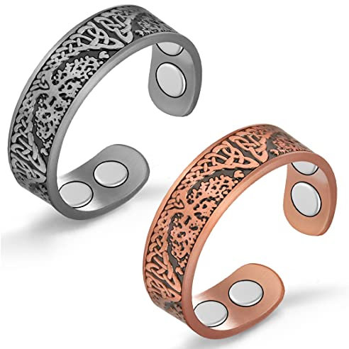 Cigmag 2PCS Magnet Ringe Damen - Kupferringe Finger Ultrastarke Magnete - Reines Kupfer Verstellbar Magnetring Frauen mit Geschenkbox (Kupfer und Grau)
