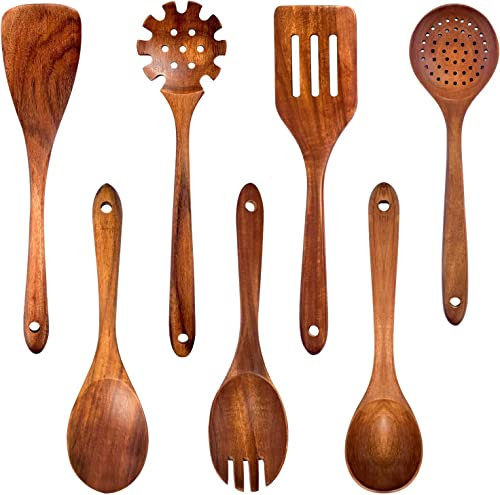 Holzlöffel zum Kochen, 7 teiliges Set von natürlichen Teakholz-Kochutensilien für die Zubereitung von Lebensmitteln, rutschfeste Holzspatel, bequemer Griff, Holzküchenutensilien(Brown-A)