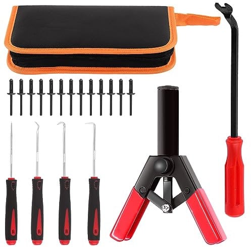 Swpeet 46Pcs Poly Rivet Gun Set, Multifunctional Rivet Removal Tool Rivet Tool for All Plastic Rivets Safe Metal or Plastic Clips Removal, Include Rivet Gun, Rivets, Fastener Remover, Pick and Hook