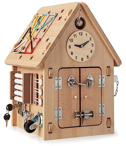 COSTWAY Occupato Montessori per Bambini in Legno, Casetta Giocattolo Piccola con Giochi Sensoriali e Vano Interno, Giochi Montessori per Motricità Fine, per Bambini 3 Anni+