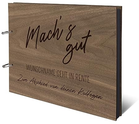 Personalisiertes Abschied Fotoalbum echtes Holz DIN A4 Rente Erinnerungsbuch mit Lasergravur - Machs Gut - mit 25 Blatt / 50 Seiten Fotokarton Schwarz