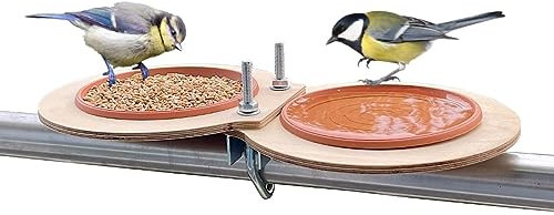 STAFECO® Vogeltränke Balkon Vogelbad Für Garten Mit Halterung Vogeltränke zur ganzjährigen-Vogeltränke Hängend Für Balkongeländer Holz Deko Vogelfutterhaus (Doppelschüssel)
