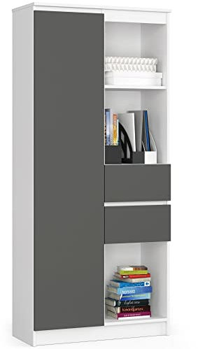 AKORD Büro-Bücherregal CLP 80 cm 7 Regale 2 Schubladen und Türen | für Dokumente Bücher für einen Schlafzimmerschrank Wohnzimmer Schrank | 80x35x180 cm | Farbe Weiß/Graphitgrau