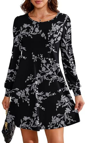 Actcat Damen Kleid Langarm Dress Midi-Kleid mit Taschen in Rockabilly-Stil, lässige Damenbekleidung