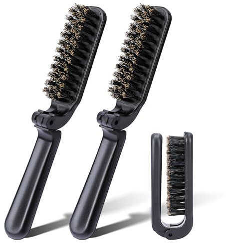2 Pcs Travel Hair Brush, Folding Boar Bristles Collapsable Pocket Brush, Anti-Static Range Mini Beard Brush, Portable Hair Styling Tool for Women and Men (Black)