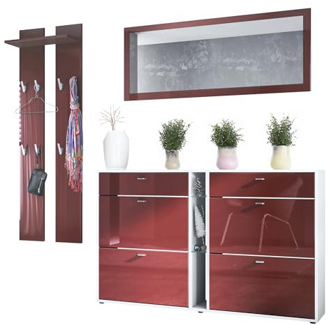 Vladon Garderoben-Set Orlando mit Schuhschrank, Made in Germany, Wandpaneel und Wandspiegel, Weiß matt/Bordeaux Hochglanz