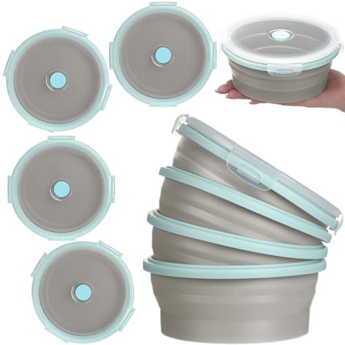 Suclain 4 Pcs Camping Bowl with Lid Collapsible Silicone Lunch Box Salad Bowl Expandable Food Storage Container Folding Travel Container for Hiking Camping(Blue Rim Gray,27 oz)