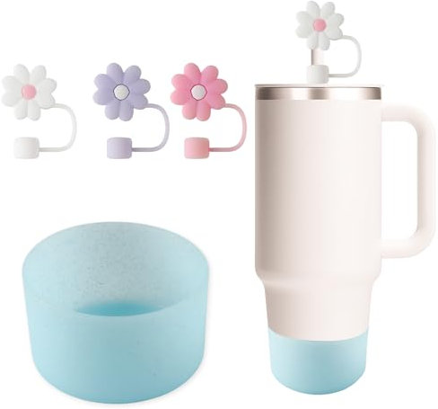 4 Stück für Stanley Cup Zubehör Set 1pcs Bodenschutz für Adventure Quencher 40oz mit 3pcs Strohhalm Abdeckung für 9-10 mm Strohhalm (Blau Point) (Cups nicht enthalten)