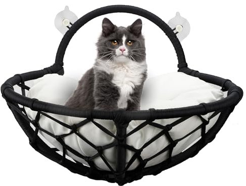 Katzenliege für Fenster (bis 20kg), Gemütliche Katzenliege am Fenster für Ihre Katze,100% Handarbeit,Katzenbett mit Kissen (Schwarz)