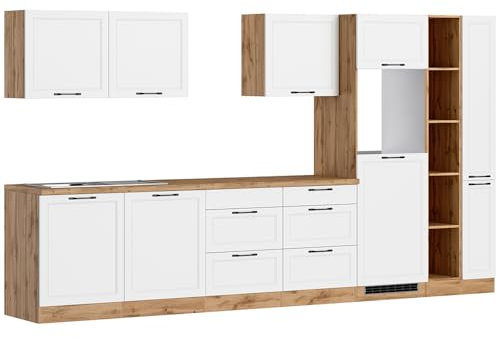 Lomadox Küche Einbauküche Küchenzeile 360 cm in weiß und Eiche, Arbeitsplatte in Eiche