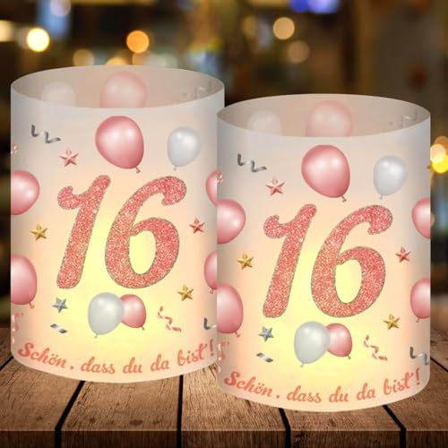 12 Windlicht Tischdeko 16 Geburtstag, Tischdekoration 16. Geburtstag Mädchen, Rosegold 16 Geburtstag Deko Mädchen, Schön DASS Du Da Bist, Geeignet für Teelichter oder Kerzen, Happy Birthday Tischdeko
