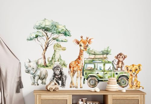 wolga-kreativ Wandtattoo Kinderzimmer Safari Tiere - Löwe, Krokodil, Giraffe & Nashorn | Wandtattoo Kinderzimmer Mädchen Junge| Wandsticker Kinderzimmer für Babyzimmer, Kindergarten & Schule