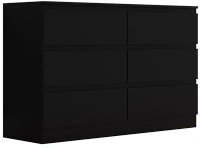 FWStyle Matt Black Wide 6 Drawer Chest Modern Bedroom Furniture Chest of Drawers - W110 x H77 x D40cm