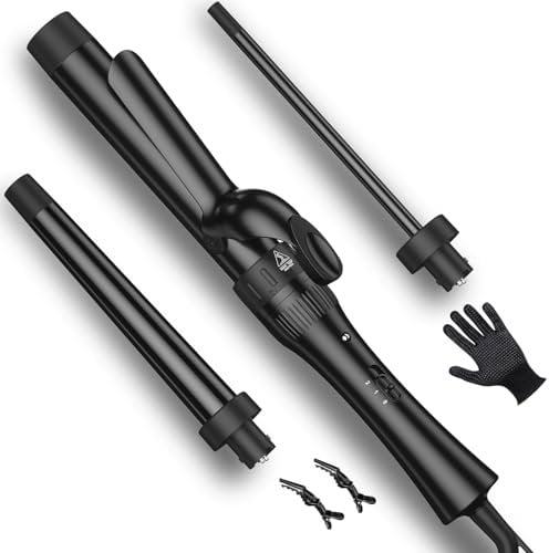 Skinny Pencil Barrel Curling Wand Iron Tongs 10mm-32mm, Anti-Scald Top, 3 in 1 Hair Curler with 2 Crocodile Clips 1 Anti-Scald Silicone Gloves, PTC Ceramic LCD 180°C & 210°C Gifts for Girl Women