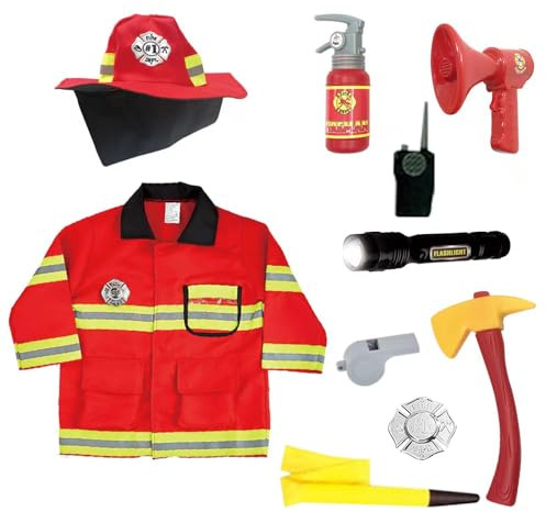 Cerkkapo Feuerwehr Kostüm,Waschbares Feuerwehrmann Kostüm,mit Feuerlöscher Feuerwehrhelm Walkie-Talkie Feuerwehr Rollenspiel,für Geschenke Weihnachten