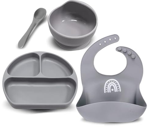 Miracle Baby Lot de 4 Set Vaisselle Silicone Repas Bébé, Assiette Ventouse pour Bébé, Bol Ventouse pour Enfant, Bavoir Imperméable, Cuillère D’apprentissage, Sans BPA, Passe Lave et Micro Onde (Gris)