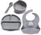 Miracle Baby Lot de 4 Set Vaisselle Silicone Repas Bébé, Assiette Ventouse pour Bébé, Bol Ventouse pour Enfant, Bavoir Imperméable, Cuillère D’apprentissage, Sans BPA, Passe Lave et Micro Onde (Gris)
