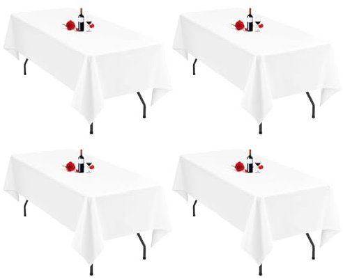 4er-Pack weiße Tischdecken, 153 x 320 cm, rechteckige Tischdecken aus weißem Polyester, farbige Tischdecken für 8-Fuß-Tische, waschbare weiße Tischdecke, rechteckig für Hochzeitsfeier