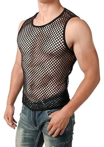 XNIVUIS Men's Mesh Fishnet Short Sleeve T Shirt Fitted Muscle Top Summer Sexy Club Party Crop Tops Crew Neck Tee See Through Tops Fitted Workout See Through Clubwear Tank (UK, Alpha, One Size, White)