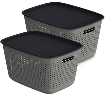 Kreher Mehrzweckkorb | Aufbewahrungsbox mit Deckel, in dezente Farbe aus Kunststoff. Ideal für Büro, Kleiderschrank, Schrank, Küche & Haushalt (Grau, 2 x 17 L)