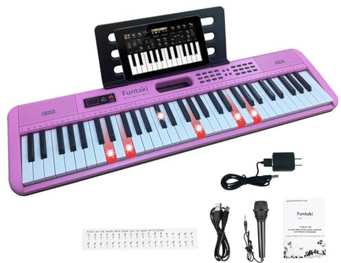 Funtaki Teclado de piano portátil para niños con teclas iluminadas, 61 teclas compactas, piano eléctrico para principiantes, adultos, niños de 3 a 7 años (regalo educativo), color rosa