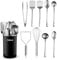 Set di utensili da cucina in acciaio inox, 10 pezzi, antiaderenti e resistenti al calore, con spatola, paletta per spaghetti, mestolo, cucchiai, frusta, pinze, schiacciapatate (nero)
