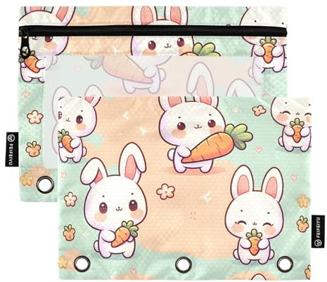 Mnsruu Federmäppchen für 3-Ring-Ordner, Kaninchen-Hold-Karotten-Federmäppchen, Kosmetiktasche mit Reißverschluss, transparentes Fenster für Büro, Reisen, Kosmetik, 2 Stück, Hasenhalte-Karotte, one