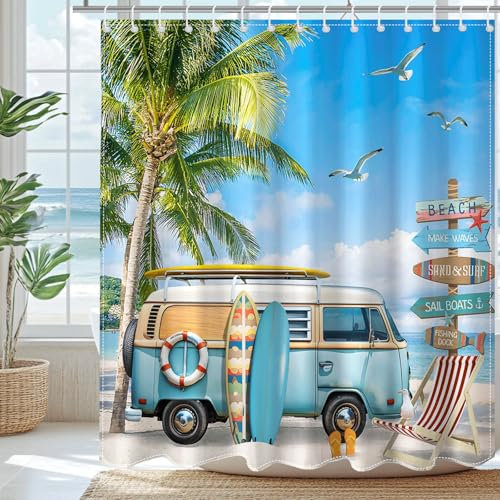 Lindameler Duschvorhang für Badezimmer, tropischer Strand, Ozeanblauer Himmel, Palmen, Möwe, Bus, Sommer-Badezimmer-Dekor, Duschvorhang, wasserdichter Stoff-Badvorhang, 183 x 183 cm