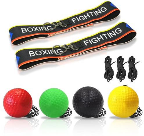 Jomdjmskes 4 PCS Reflex Ball, Palla Boxe Riflessa Set, Pugilato Reaction Ball con Fascia, Allenamento Boxe Ball, Pallina con Elastico Regolabile, Training Riflessi Pugilato, Palla per velocità Pugno