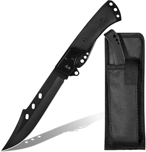 Plys Klappmesser Groß 14cm Scharfes Taschenmesser: Holzgriff Outdoor Messer mit Aufbewahrungstasche 440c Stahl Jagdmesser Schwarz