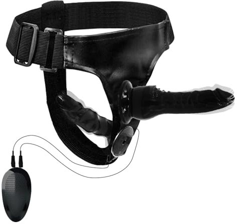 Qcpuuu Pene con correa para mujer con 2 colas didlo, correa con vibración para hombres, mujeres y parejas lesbianas, consoladores con correa con control remoto (negro)