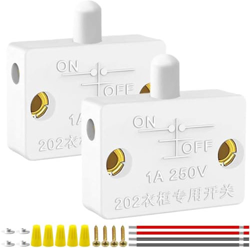 MKBKLLJY 2PCS Cabinet Door Switch White Closet Light Switch Normally Closed Automatic Touch ON OFF 250V 1A, with Electronic Wire Screw Dust Cap Wiring Cap for Wardrobe Pantry Lamp Electrical Light