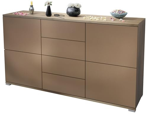 Vladon Sideboard Rova V1, Kommode mit 4 Türen und 4 Schubladen, Eiche Evoke/Bronze Optik (138,5 x 75,5 x 35)