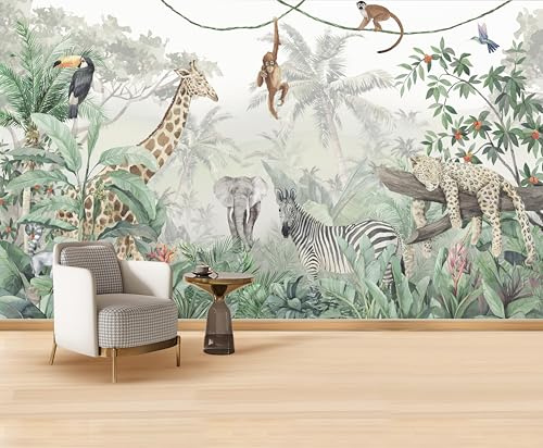 MWSSEGGE Papier Peint Panoramique Jungle Papier peint Animaux Tropical Papier peint Intissé Motif Girafe, éléphant, Singe, Léopard papier peint chambre enfant Décoration Murale