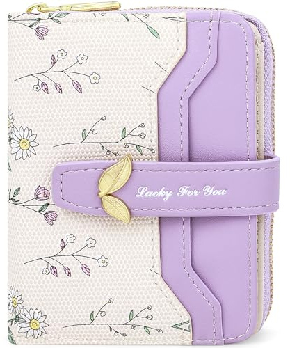 Farcauo Damen Portemonnaie Geldbörsen Frauen Kleine mit lila Blumen Design für Frauen Klein Geldbörsen Damen mit Ausweisfach und Kartenhüllen