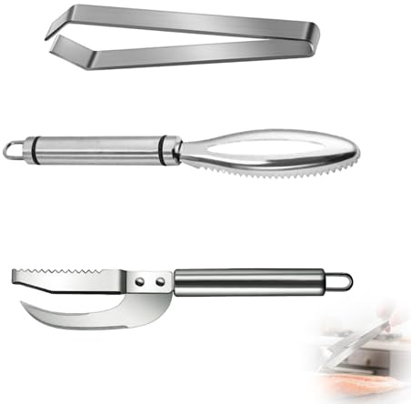 3er Set Profi Fischentschupper aus Edelstahl – Multifunktionales 3-in-1 Fischmesser mit Grätenzange, ideal zum Entfernen von Fischschuppen und -gräten für Küchenliebhaber,geflügel federentferner